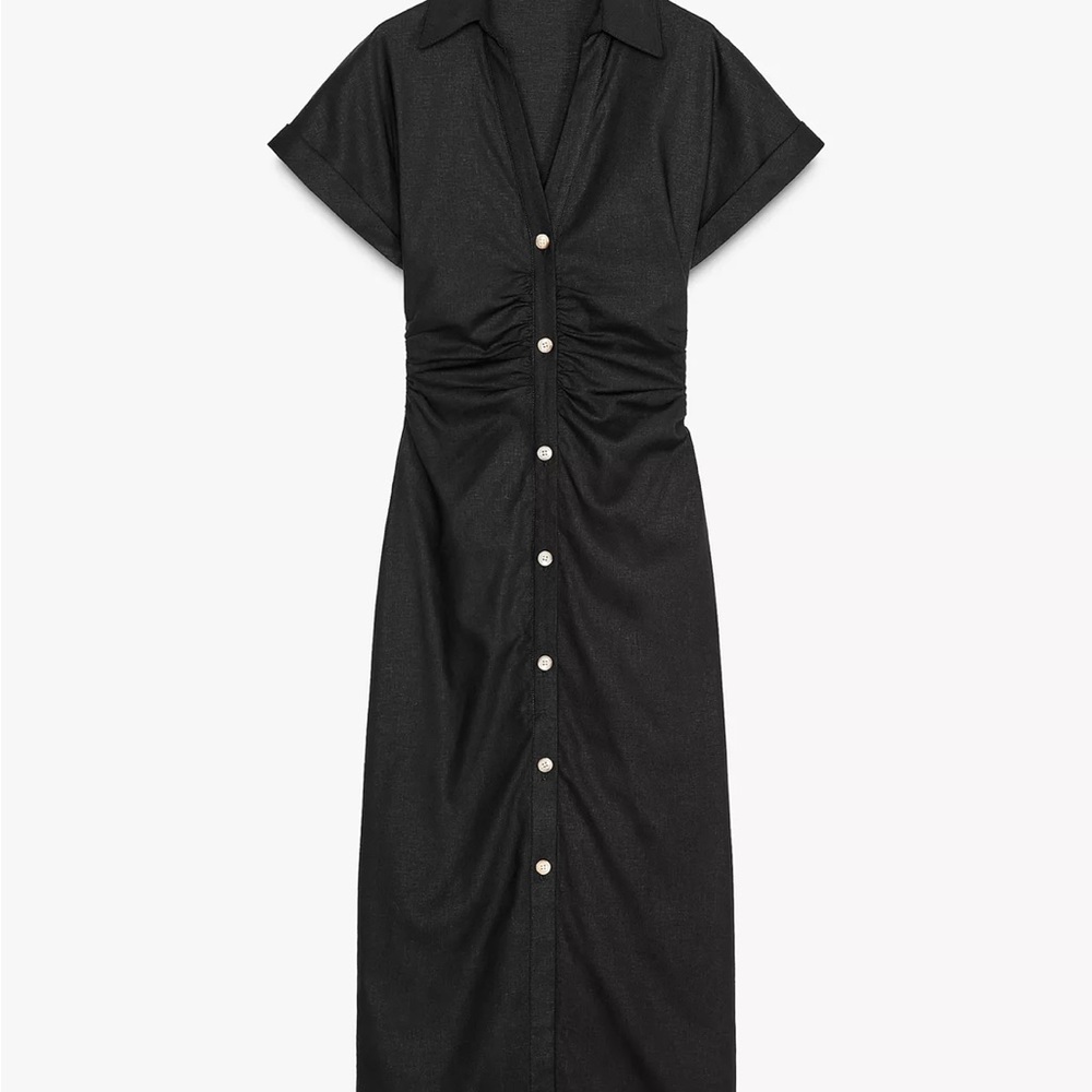 Zara Black Linen Midi Dress with Buttons